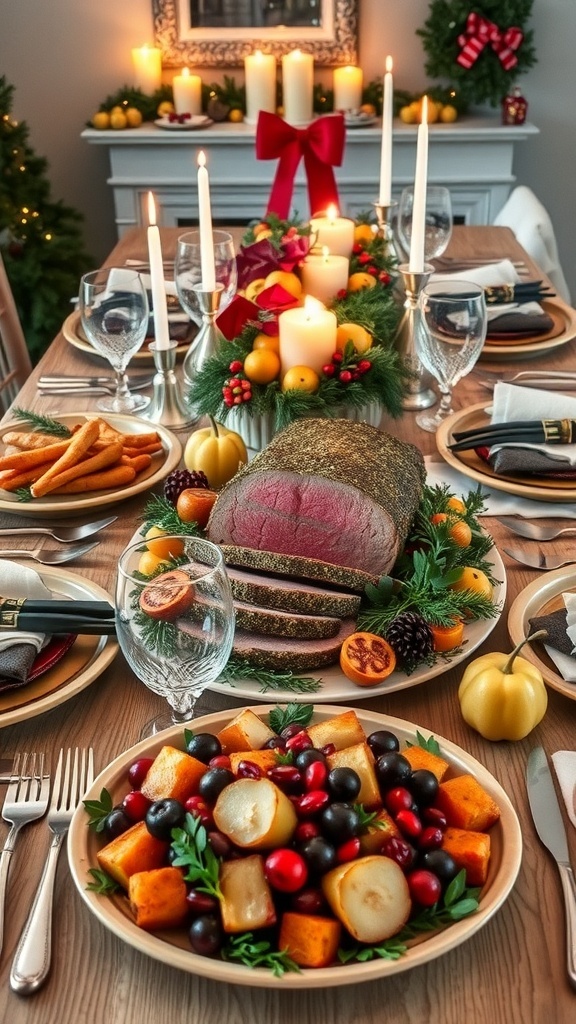 A festive non-traditional Christmas dinner with roast beef, roasted vegetables, and a salad on a decorated table.